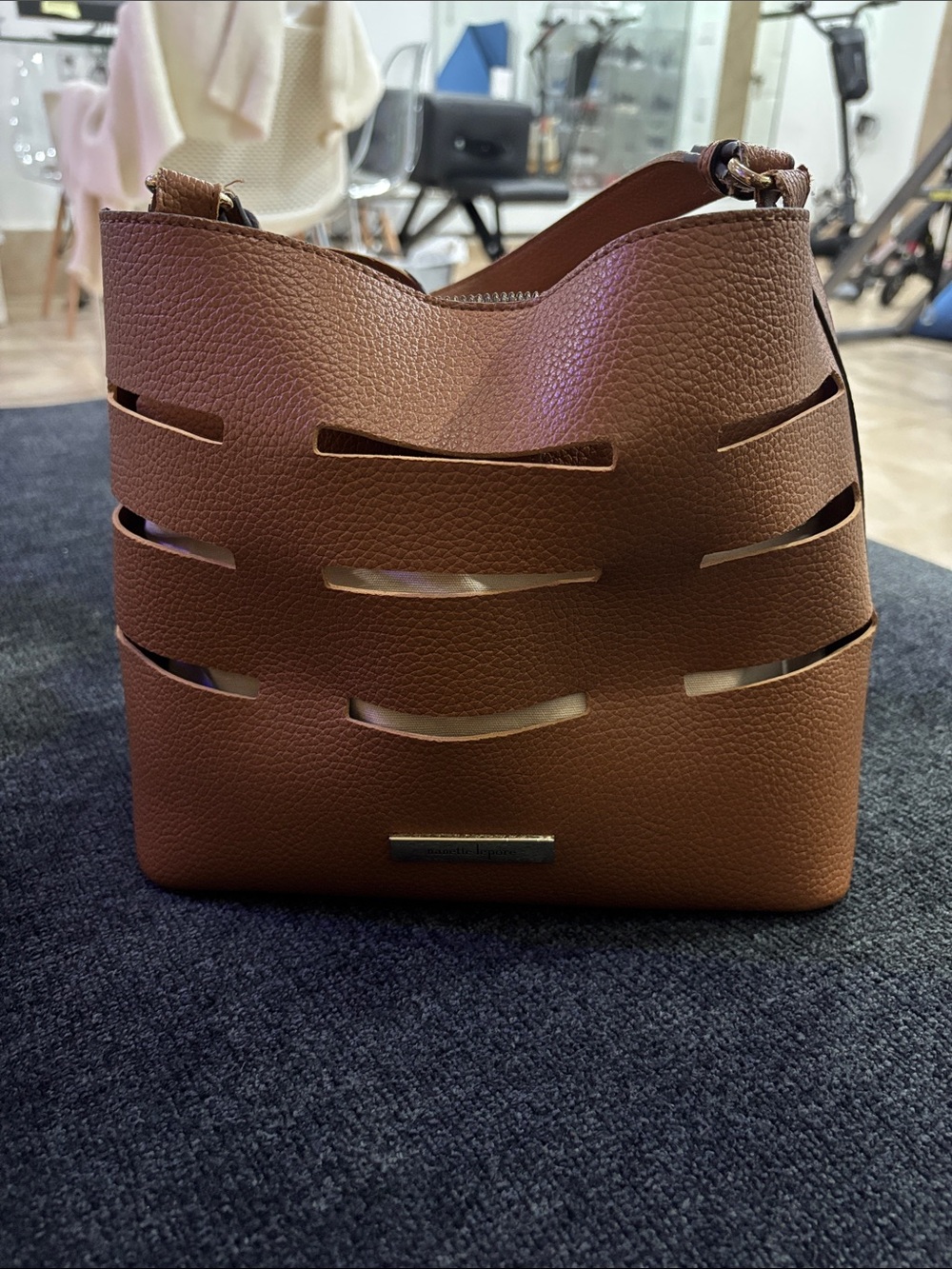 Cutout Pebbled Leather Bucket Bag - Warm Brown